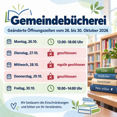 Ge&auml;nderte &Ouml;ffnungszeiten der Gemeindeb&uuml;cherei